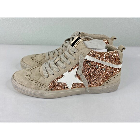 Shu Shop Women Rina Sparkle Sneaker Rose Gold Star High Top Shoe NWT - Picture 4 of 7